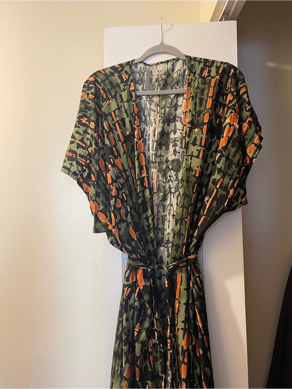 Olive Green & Orange Printed Kimono